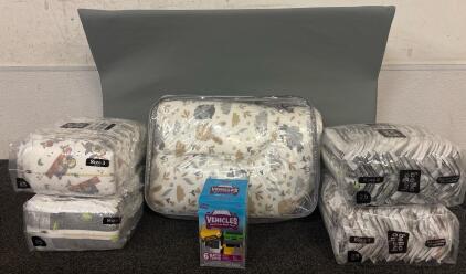 Baby Lot (100) Size 3 Diapers (1) Baby Changing Pad (1) Baby Lounger (6) Mold Free Bath Toys