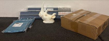 Home Decor Lot (3) Roller Shades ((1) 23x72 And (2) 29x72) (2) Decorative Throw Pillow Covers (18x18) (1) Cat Wall Shelf Furniture (1) Ceramic Animal Head Table Decor