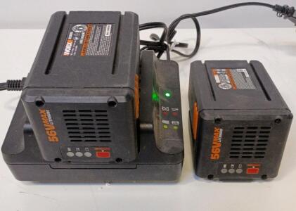 (2) Worx 56V MAX Lithium-Ion Batteries and Charger Set.
