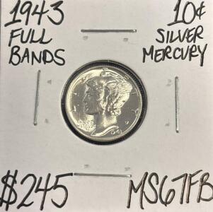 1943 MS67FB RARE FULL BANDS GEM MERCURY .10c