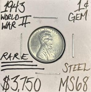 1943 MS68 RARE GEM WORLD WAR II STEEL CENT