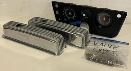 Aluminum Valve Cover W/ Bolts (Fits G.M. 350 383 Striker) & 1967-1972 Chevrolet C10 Instrument Gauge Cluster W/ Reproduction Dash Bezel