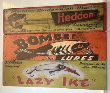 (3) Retro Fishing Sign Lot: Heddon, Bomber, Lazy Ike Man Cave Cabin Decor