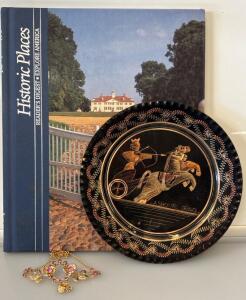 Historic Reader&rsquo;s Digest - Explore America W/ Greek Plate &ldquo;Achilles Triumph&ldquo; And Vintage Gold-Tone Necklace Includes Floral Motif With Pink Rhinestone