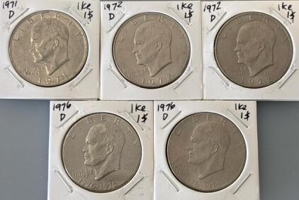 (5) Eisenhower IKE One Dollar Coins 1971-D/1972-D/1976-D