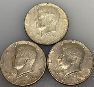 (3) John F. Kennedy Half Dollar Coins 1968-D/1972-D/1974-D