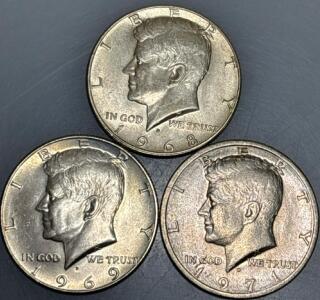 (3) John F. Kennedy Half Dollar Coins 1968-D/1969-D/1971-D