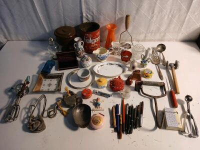(1) Vintage Hand-Crank Mixer (9) Vintage Writing Pens (1) Vintage Folgers Coffee Can & More