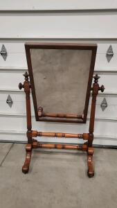 Antique Cheval Mirror, Wood, Swivel Feature, Turned Wood Posts