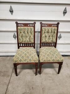 Antique Victorian Wooden Dining Chairs, Carved Back, Green Upholstery