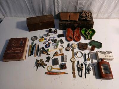 (2) Vintage Wooden Trinkt Boxes (10) Wrist Watches/Watch Faces & More Trinkets