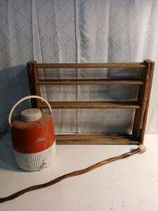 (1) Vintage Coleman 2-Gallon Water Cooler (1) Vintage 36" Wooden Walking Stick (1) Vintage 6' Clothes Drying Rack