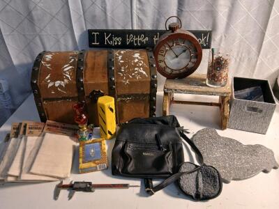 (1) Vintage Mini Glass Oil Kerosene Lamp (1l Vintage Wooden Chest (1) 12" Granite Chicken Cutting Board & More