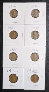(8) Vintage 1936-1938 Wheat Pennies