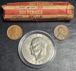 (1) 1978 US Eisenhower Dollar Coin & Roll of 1909-1958 Wheat Pennies