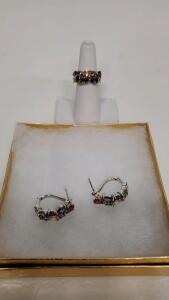 Sterling Silver Jewelry Set with Multicolor Gemstone Ring & Hoop Earrings