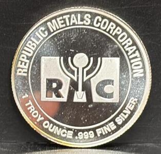 1 Troy Ounce .999 Fine Silver Round, Republic Metals Corporation, RMC Logo