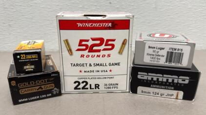 Winchester 22 LR 36 Grain 525 Rounds & Ammo Inc 9mm 124 Grain JHP 60 Rounds