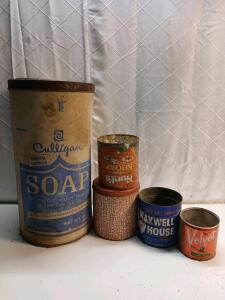 (1) Vintage Culligan Original Formula Soap Container (1) Vintage Huntz Tomatos Tin Can & More