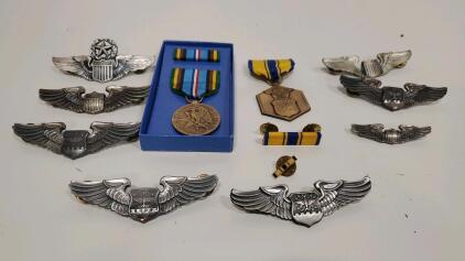 USAF Medals & Badges Set: Expeditionary Medal, Pilot & Navigator Wings (1) Marked Sterling