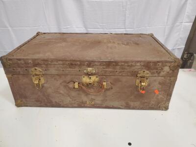 Vintage Brown Trunk with Leather Exterior, Metal Latch Locks, Rope Handle