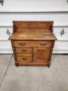 Antique Wooden Washstand Cabinet, 3 Drawers, 1 Door, Brass Handles