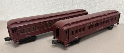(2) Lionel 2625 Irvington Passenger Cars, O Scale, Maroon, Metal, 1947-1949