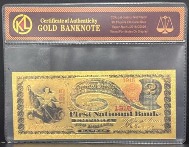 KL 24k Gold-Plated $2 Banknote, 1915 First National Bank Design, COA Included
