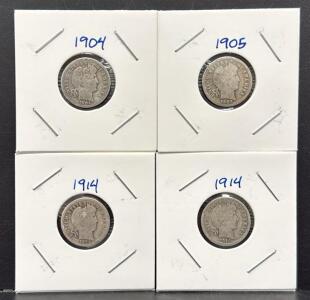 (4) 1904, 1905, 1914 US Barber Dimes, 90% Silver, Designed by Charles E. Barber