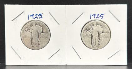 (2) 1925 Standing Liberty Quarters, Silver, U.S. Coin, Eagle Reverse