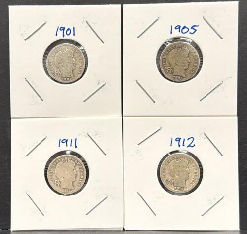 United States Barber Dime Collection 1901, 1905, 1911, 1912, Silver Composition