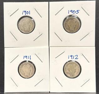 United States Barber Dime Collection 1901, 1905, 1911, 1912, Silver Composition