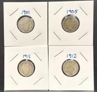 United States Barber Dime Collection 1901, 1905, 1911, 1912, Silver Composition
