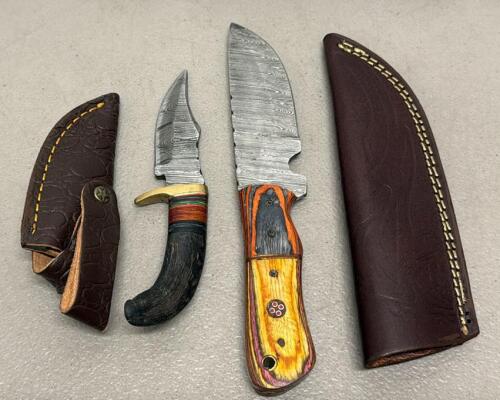 Custom Damascus Steel Fixed Blade Knives, Leather Sheaths