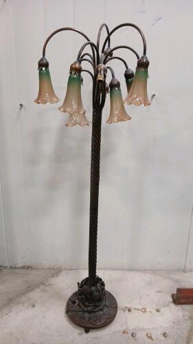 Tiffany-Style Bronze Art Nouveau 12-Arm Lily Pad Tulip Floor Lamp -56" Tall