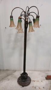 Tiffany-Style Bronze Art Nouveau 12-Arm Lily Pad Tulip Floor Lamp -56" Tall