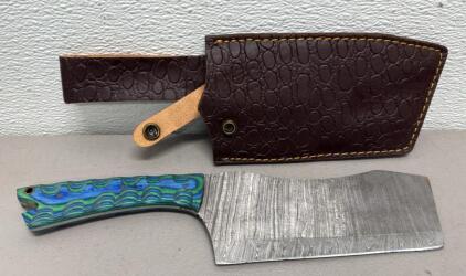 Cleaver Knife, Damascus Steel Blade, Multicolored Wood Handle