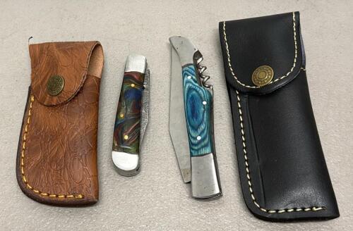 Folding Pocket Knives with Leather Sheath, Damascus & Stainless Steel Blades
