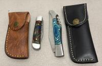 Folding Pocket Knives with Leather Sheath, Damascus & Stainless Steel Blades