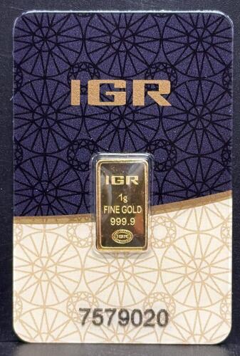 IGR 1g Gold Bar, 999.9 Fine, Serial 7579020