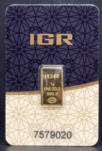 IGR 1g Gold Bar, 999.9 Fine, Serial 7579020