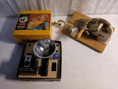 Kodak Brownie Hawkeye Flash Camera with Original Box, Manual Food Slicer & Vintage Dienes ReDe Garmany Hank-Crank Slicer
