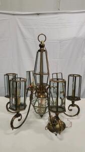 Traditional Brass Chandelier, 6 Lights, Metal and Glass Panels