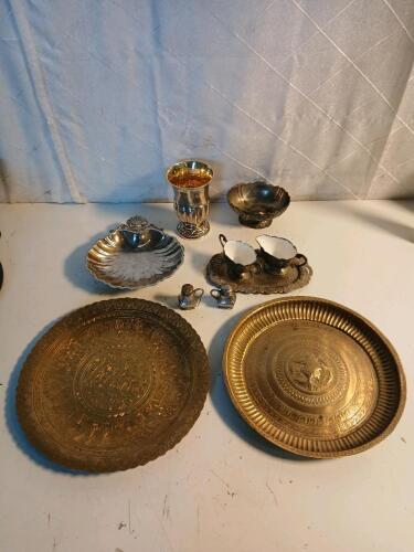 (2) Brass Decorative Plates (1) Silver-Plated Cup/Vase & More