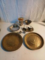 (2) Brass Decorative Plates (1) Silver-Plated Cup/Vase & More