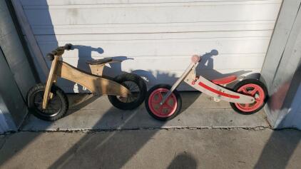 (2)Wooden Balance Bike, Red and Natural Finish, 12" And Wooden Balance Bike, Pneumatic Tires, 12" Wheel Size, Natural Wood Finish
