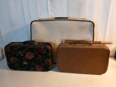 Vintage Brown Leather Travel Case W/ Umbrella & Vintage Floral Soft-Shell Travel Case -18"x12"x8", 26"x19"x8"