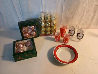 (6) Vintage Coca-Cola Collectable Plate/Cups (3) Boxes Of Christmas Ornaments
