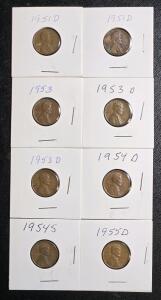 (8) Vintage 1951-1955 Wheat Pennies