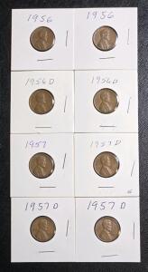 (8) Vintage 1956-1957 Wheat Pennies